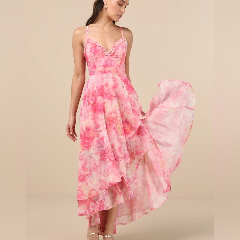 Lulus Pink Floral Ruffled Tiered Maxi Dress